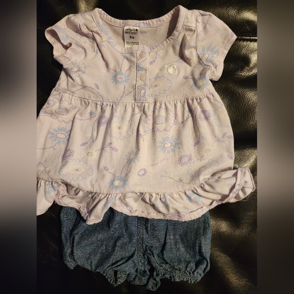 Carhartt 2 piece dress and shorts, 9 mo